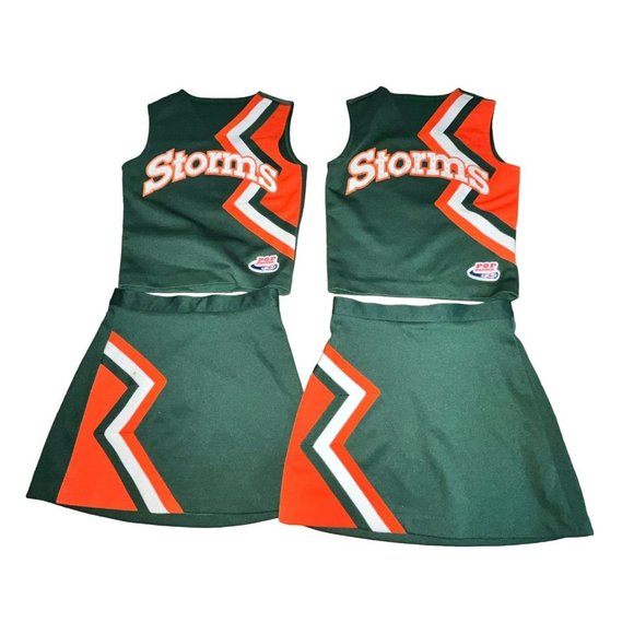 2 Matching Twin Cheerleader Uniform Outfits Costume 32" Tops 25" Skirts Yth Lg - Picture 2 of 8